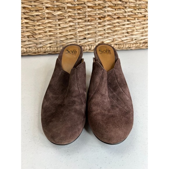Sofft Women's Brown Suede Scalloped Heels Mules Leather Upper Size 9.5M - Picture 1 of 15